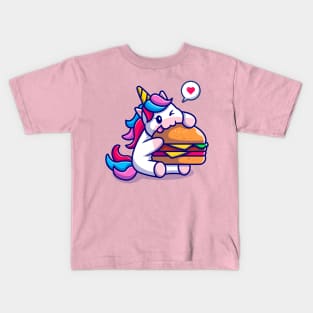 Cute Unicorn Eating Burger Cartoon Kids T-Shirt